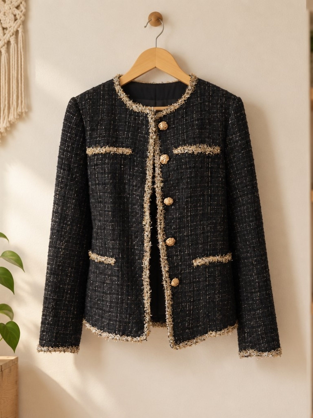 Classic Black Tweed Fringe Jacket with Gold Trim